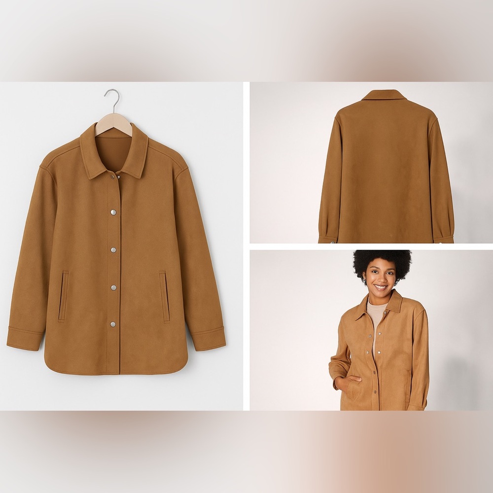 Wynne Layers Stretch Faux Suede Shirt Jacket | Camel Tan | Size Large - Picture 8 of 9